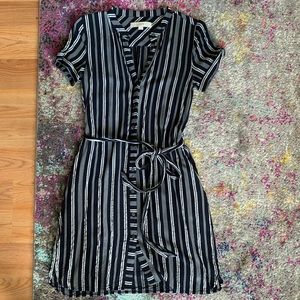 Loft Navy and White Striped Tie-Waist Dress